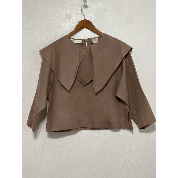 Rena Rowan Linen Blend Coquette Clean Girl Large Tiered Collar Top 8 Brown Girly - Picture 1 of 10